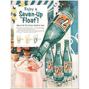 1956 7-Up Soda Vintage Print Ad Strawberry Ice Cream Float Green Bottle 10 x 13